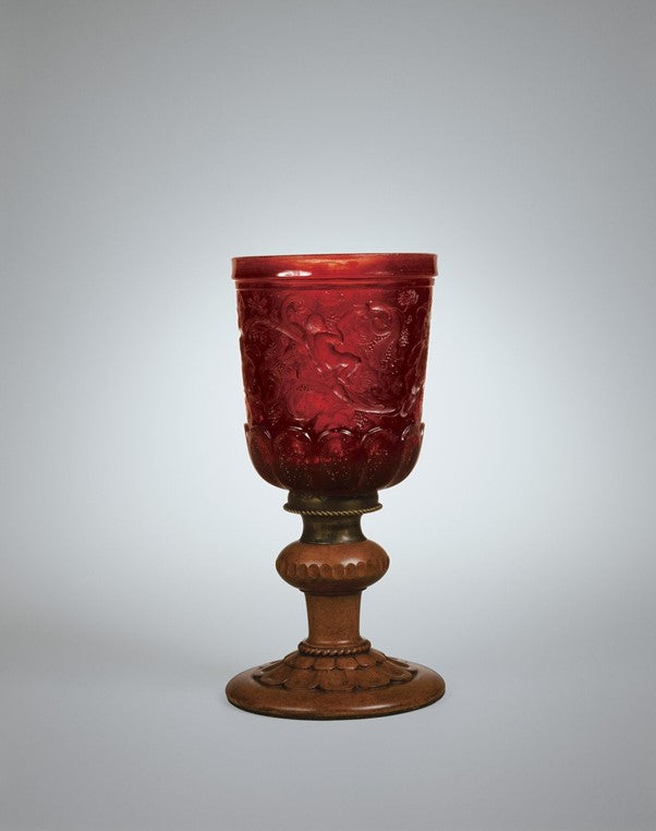 Gold ruby goblet, Germany, Potsdam, about 1690-1700, probably engraved by Gottfried Spiller. 79.3.258. Image courtesy of the Corning Museum of Glass Collection