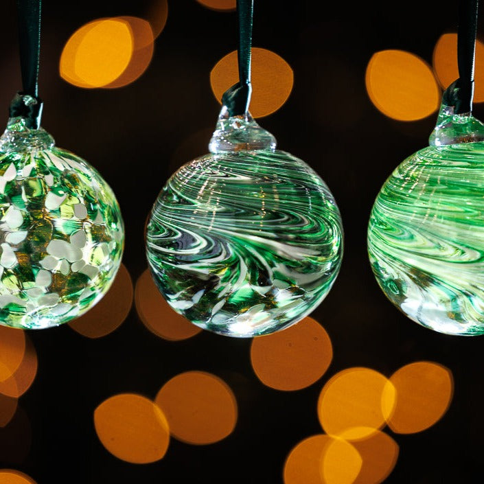 Coloured Christmas Decorations - Set of Three Baubles - Assorted Green