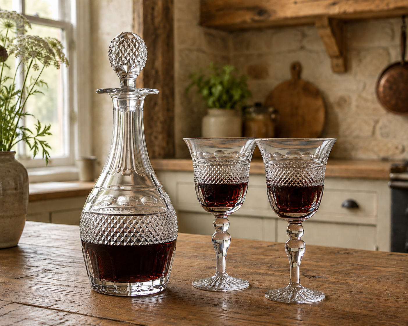 Crystal decanter and two glasses with wine on a wooden table in a rustic kitchen.