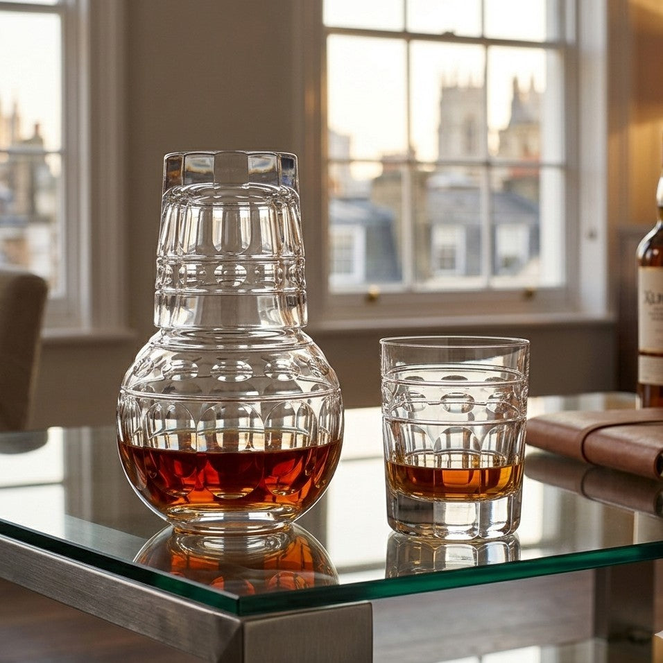 Clear glass decanter and glass filled with amber liquid on a reflective surface with a blurred window background.