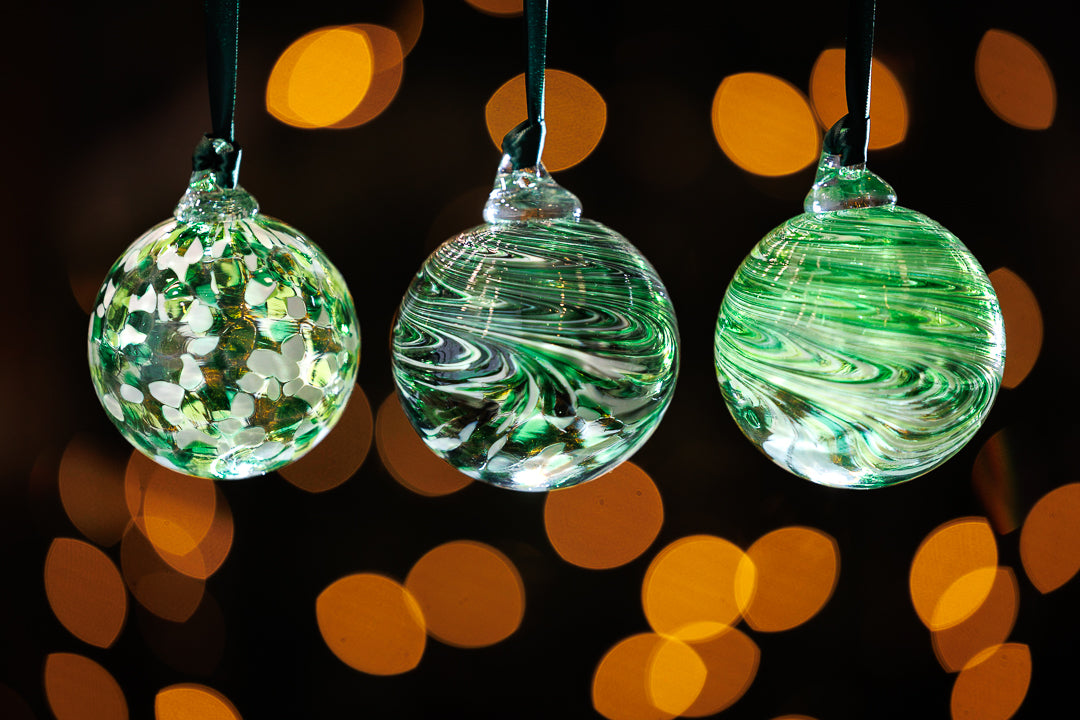 Coloured Christmas Decorations - Set of Three Baubles - Assorted Green