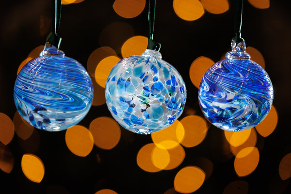 Coloured Christmas Decorations - Set of Three Baubles- Assorted Blue