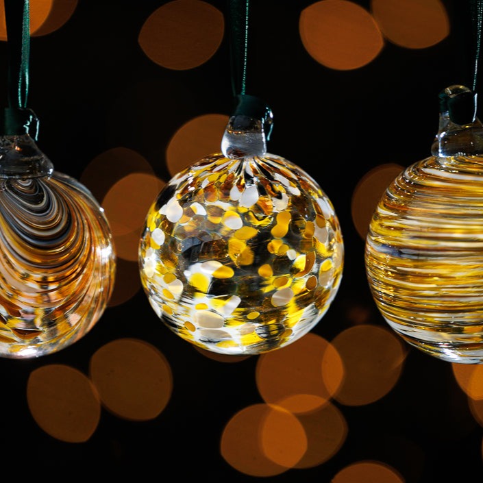 Coloured Christmas Decorations - Set of Three Baubles - Assorted Yellow